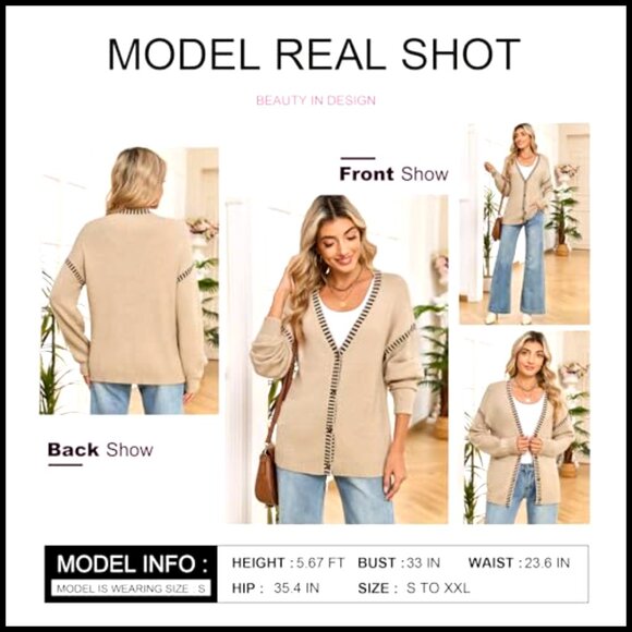 Oversized V-Neck Cardigan Sweater, Button Front, Striped Trim, Fall Winter - Picture 4 of 7